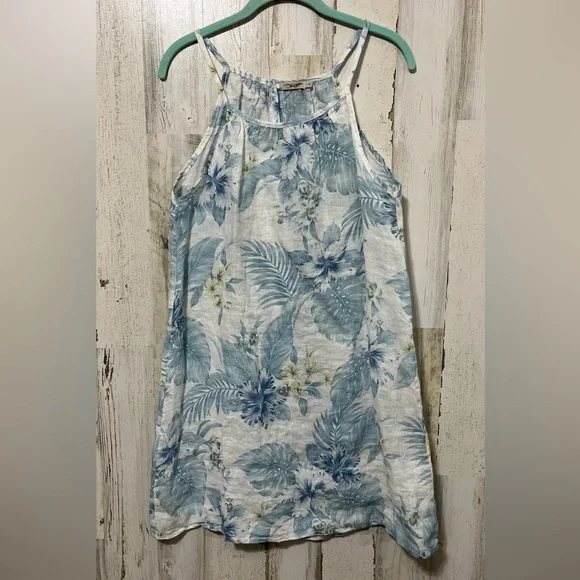 Lungo L’Arno Linen Blue and White Tropical Palm Tree Sleeveless A-Line Dress - Picture 3 of 6